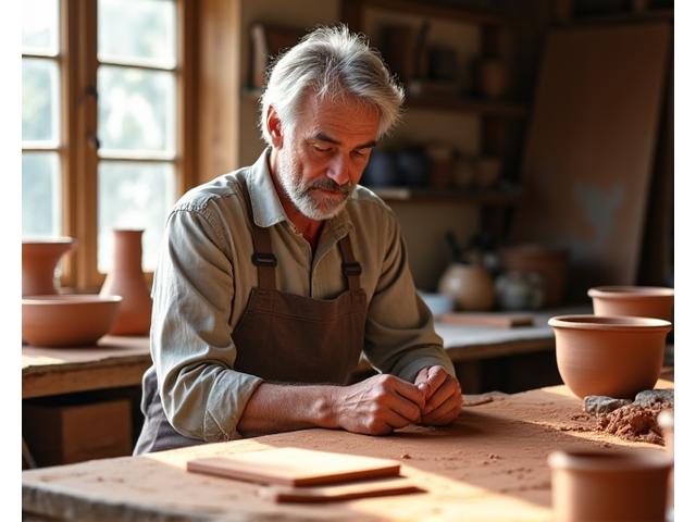 Gründer von Lehmwurf Kunstwerk in der Werkstatt, umgeben von Lehm und Werkzeugen.